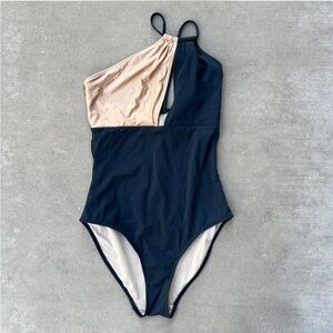 Evarae Black and Tan One-Shoulder Swimsuit